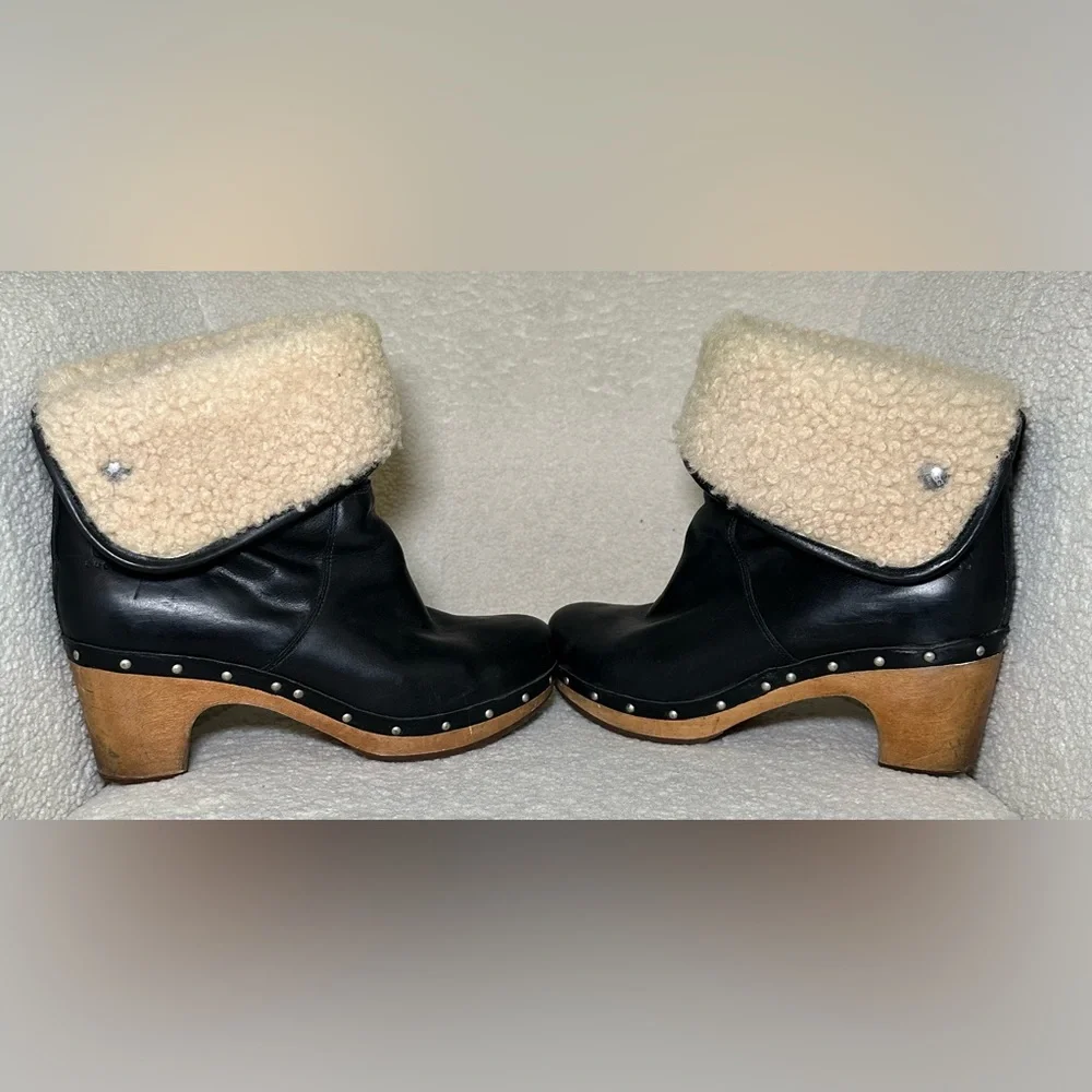 UGG Lynnea 1958 black leather boots booties fold over shearling‎ warm cozy thick